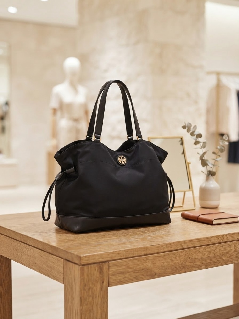 Tory Burch Black Nylon & Leather Drawstring Tote Shoulder Bag Gold Hardware